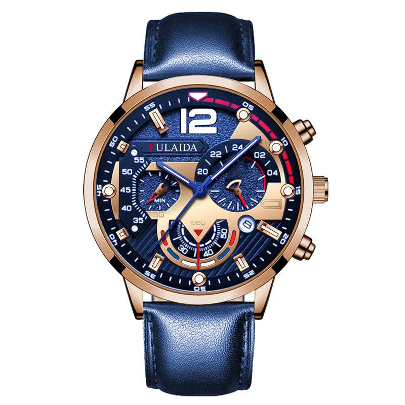 Men's casual quartz watch with genuine leather strap, rose gold buckle, 37mm dial and calendar display