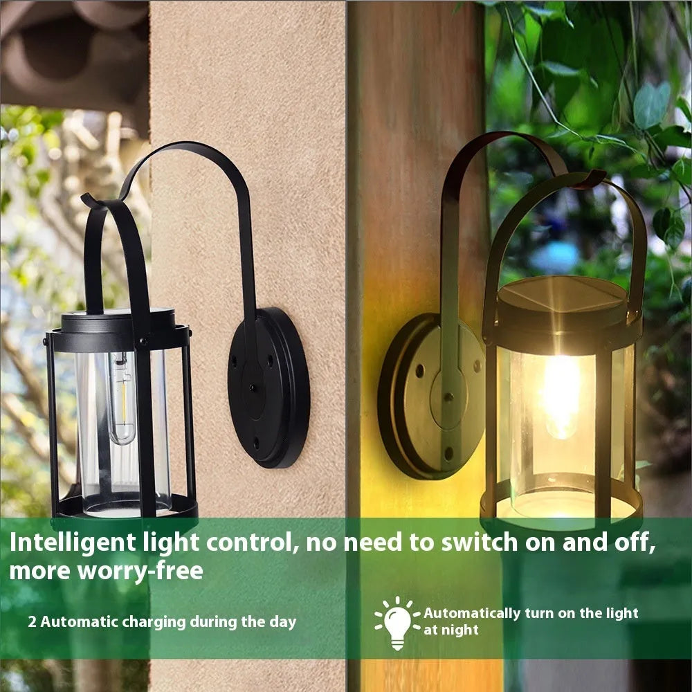 Solar portable outdoor courtyard decorative lamp with aluminium shell, warm white light, and IP44 rating on a garden wall