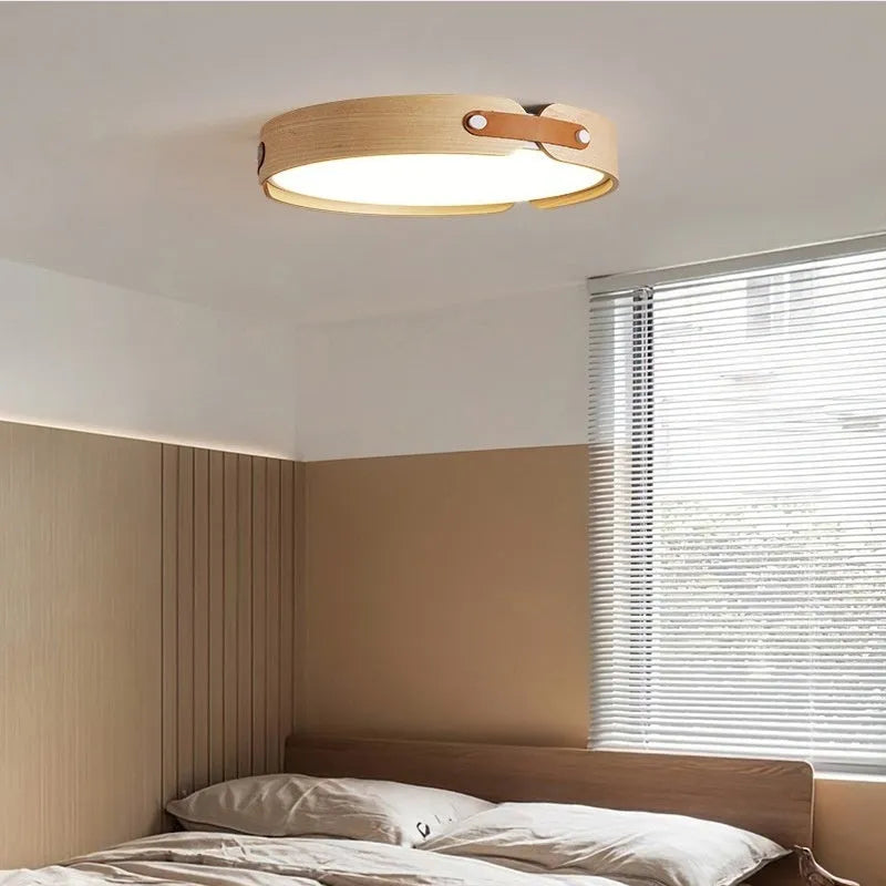 Japanese walnut bedroom ceiling lamp with PMMA lampshade and wooden shade in warm light colour