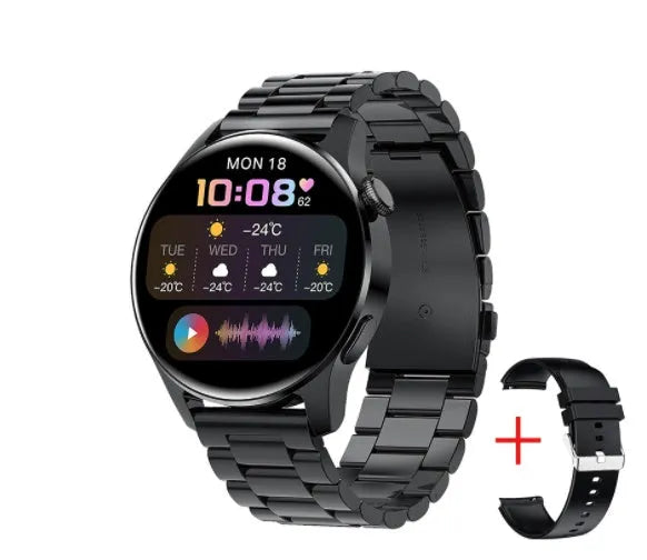 Smart watch with round colour display on a black silicone strap, showing heart rate data on screen.
