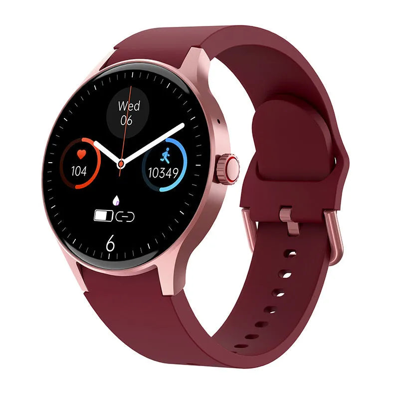 Smart watch with blood glucose and heart rate monitoring on a coloured AMOLED screen.