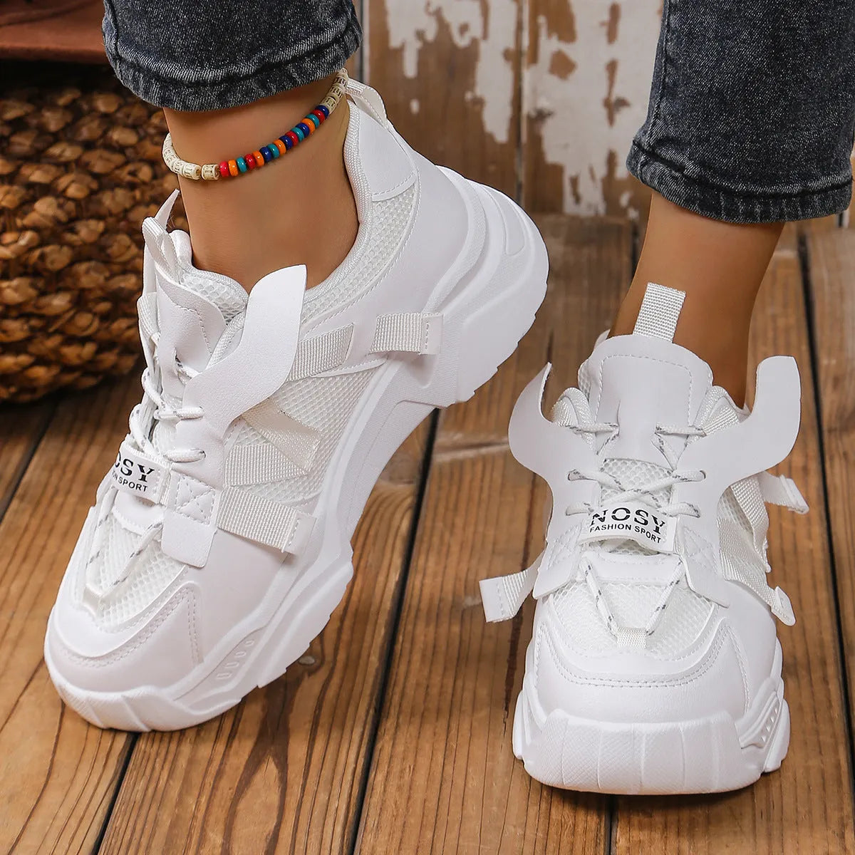 Women's platform mesh dad shoes in multiple colours with animal pattern design and lace-up front