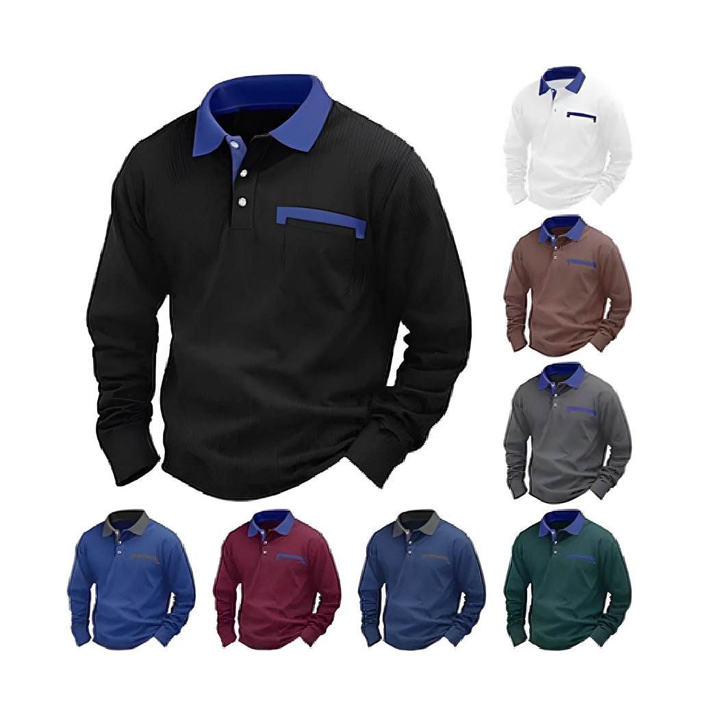 Man wearing a long-sleeved waffle knit polo shirt in a solid colour with an asymmetric design detail.