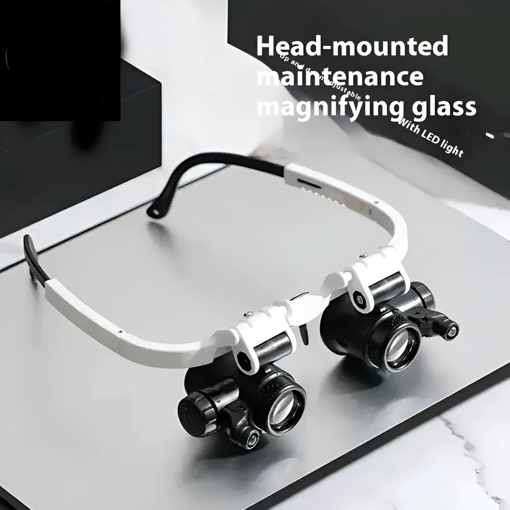 White head-mounted magnifying glass with 30x lens and built-in light, shown folded and unfolded.