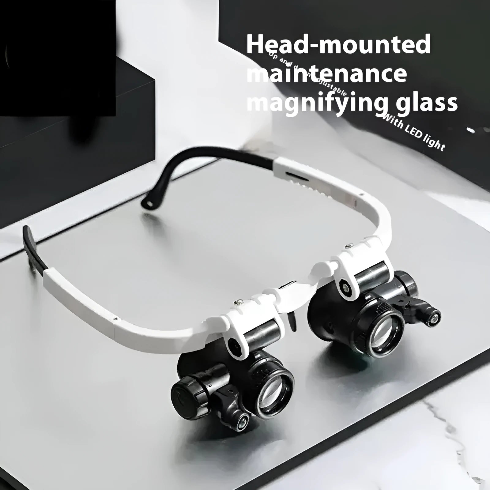 White head-mounted magnifying glass with 30x lens and built-in light, shown folded and unfolded.