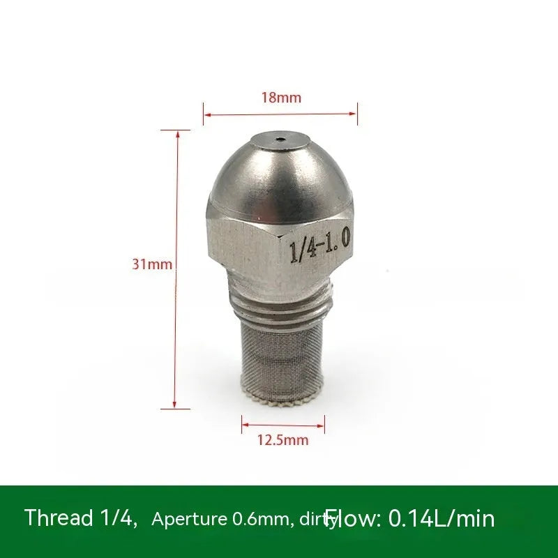 304 stainless steel two-point industrial spray nozzle with external thread and filter screen for atomisation.
