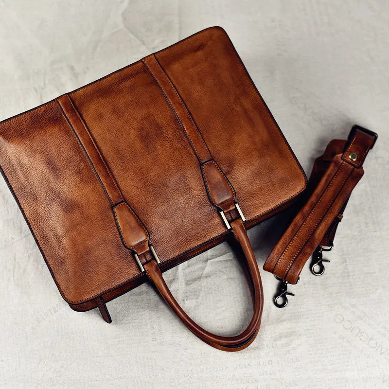 14 inch khaki vegetable tanned leather men's horizontal square handbag with zipper