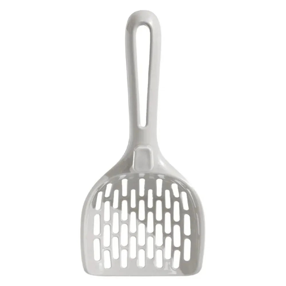 Grey plastic cat litter scoop with attached waste collection base tray