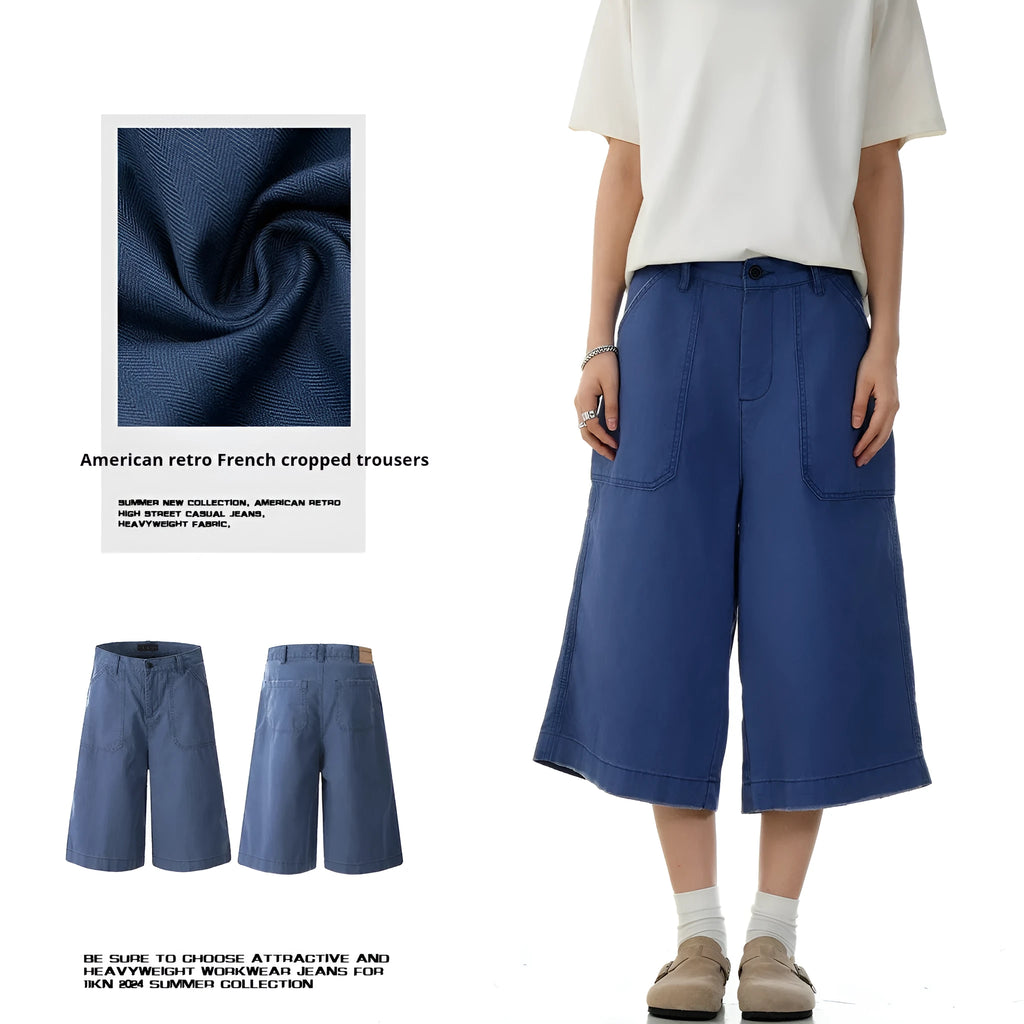 Men's French Blue cotton straight fit shorts with zipper fly on a plain background
