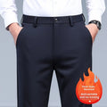 Men's black slim straight formal trousers made from polyester with micro-elastic waist, available in multiple colours and sizes 29-42