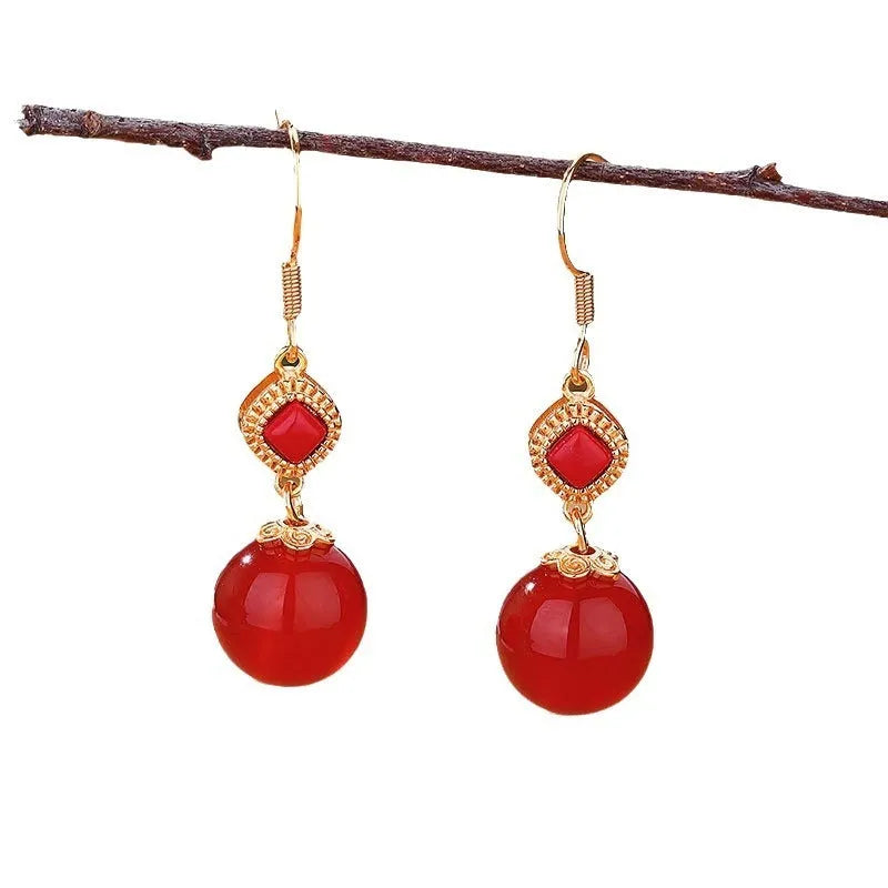 Geometric copper stud earrings with southern red agate beads and jasper inlay featuring S925 sterling silver accents