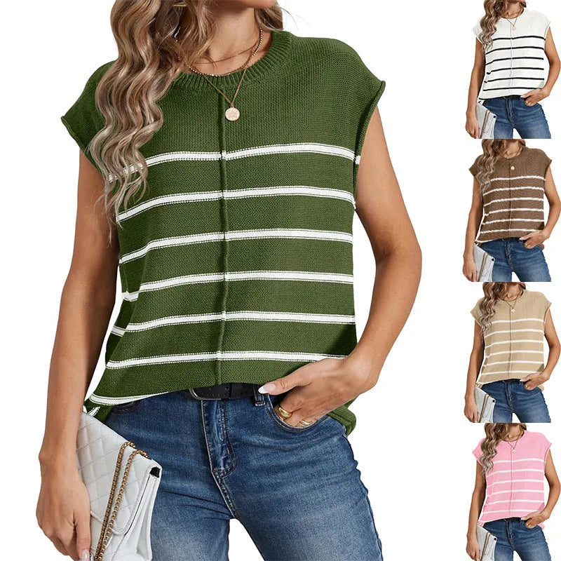 Women's striped sleeveless pullover vest top with bone stitching detail on seams