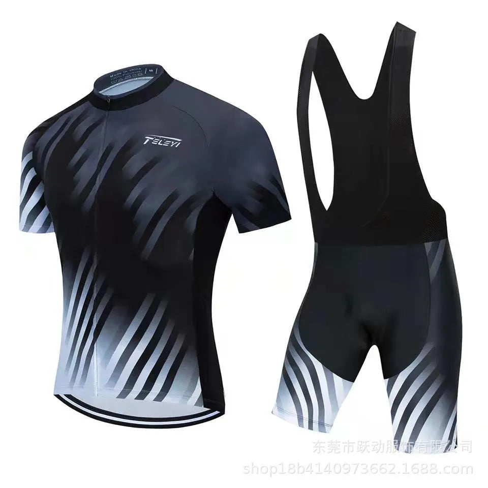 Cycling jersey set comprising a moisture-wicking top and pants for summer biking.
