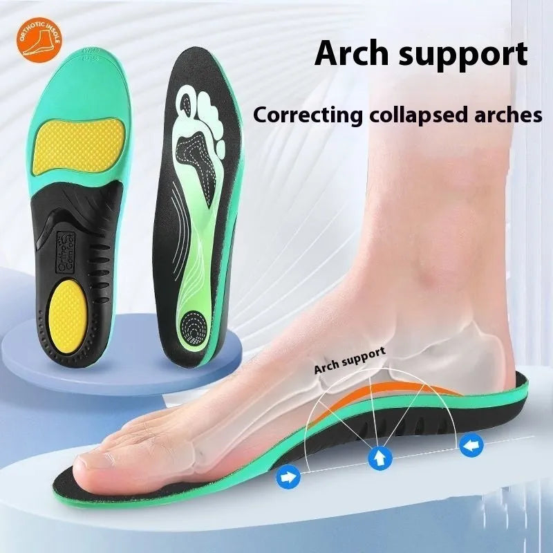 Blue and green PU flat foot correction insoles for arch support, shown in various sizes.