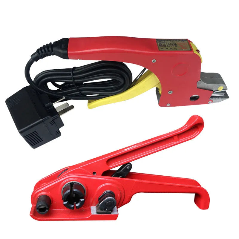 Portable electric hot melt packing machine with plastic steel tensioner and yellow packaging tape.