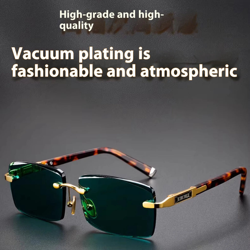 Dark green frameless sunglasses with a protective case and cleaning cloth.
