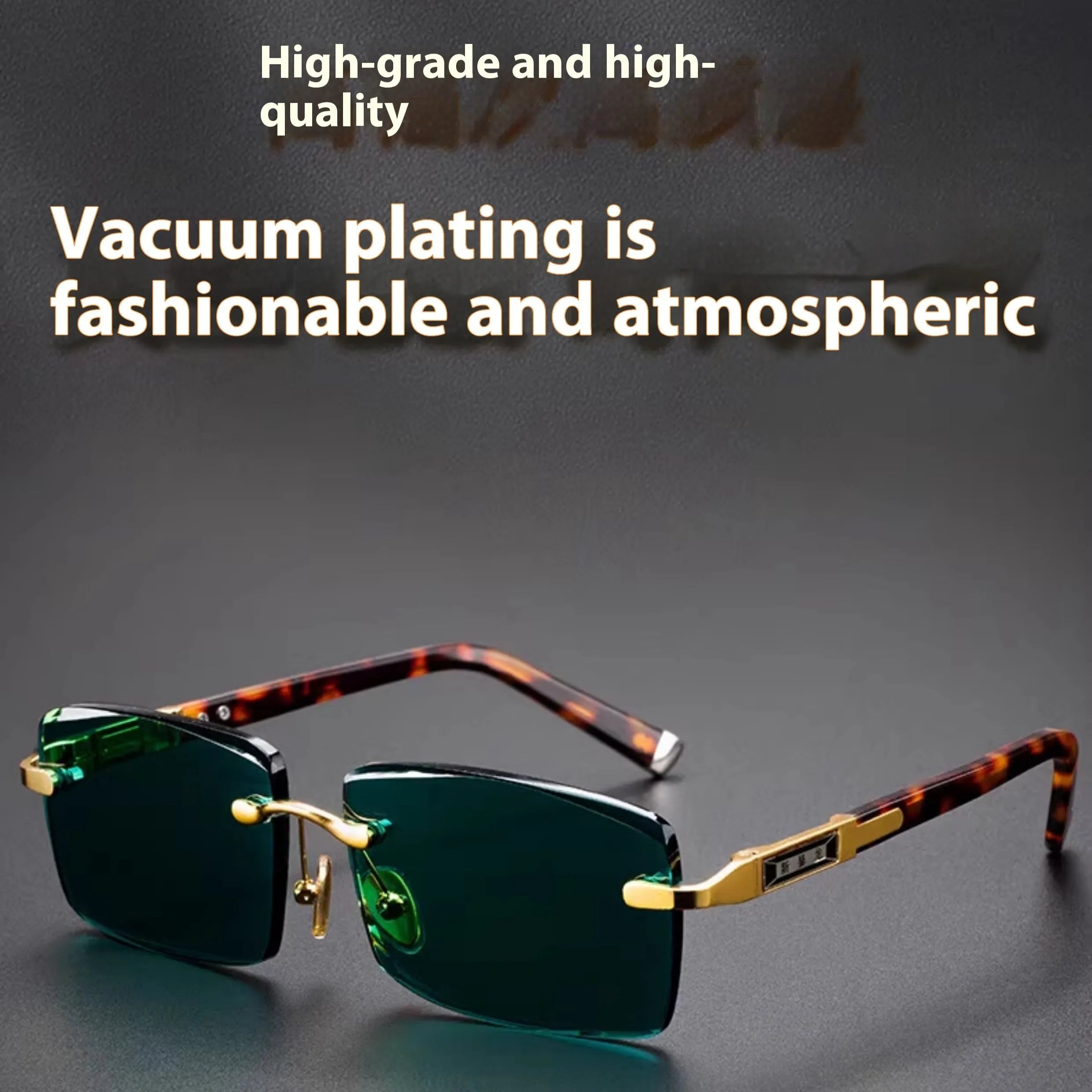 Dark green frameless sunglasses with a protective case and cleaning cloth.