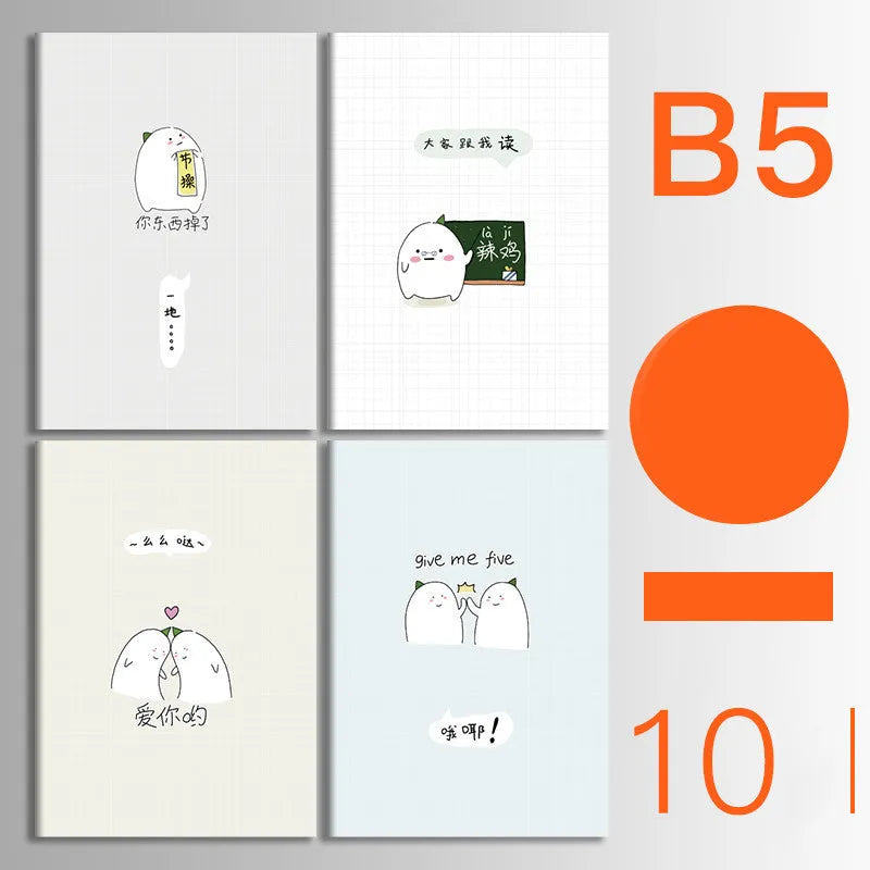 Bundle of ten soft-cover kraft paper notebooks with thread binding in various animal and nature designs.