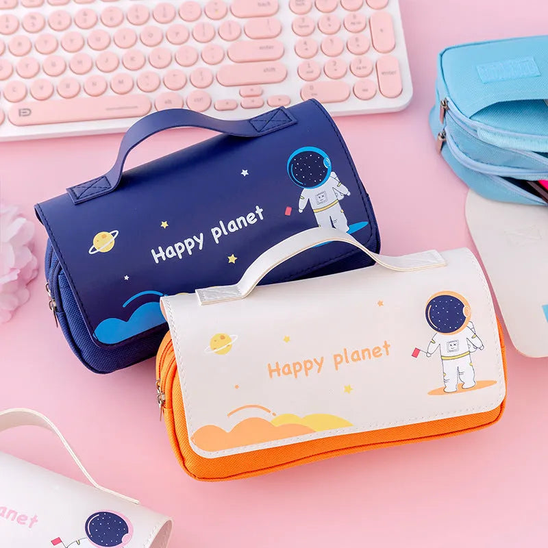 Large-capacity canvas flip pencil case with hand-painted cartoon planet pattern in blue, 21x10cm, square shape