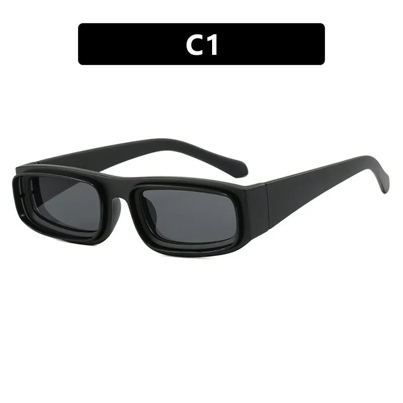 Double circle narrow frame square sun glasses in black with gray lens, retro punk street style design