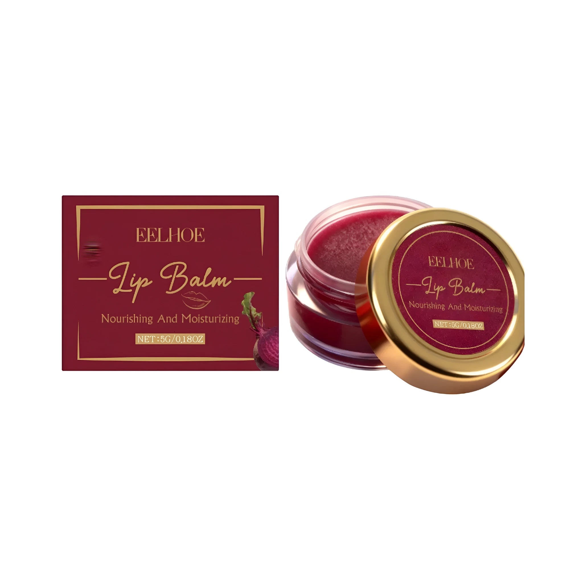 Moisturising lip balm 5g stick with shea butter, jojoba oil, and beetroot tint on white background