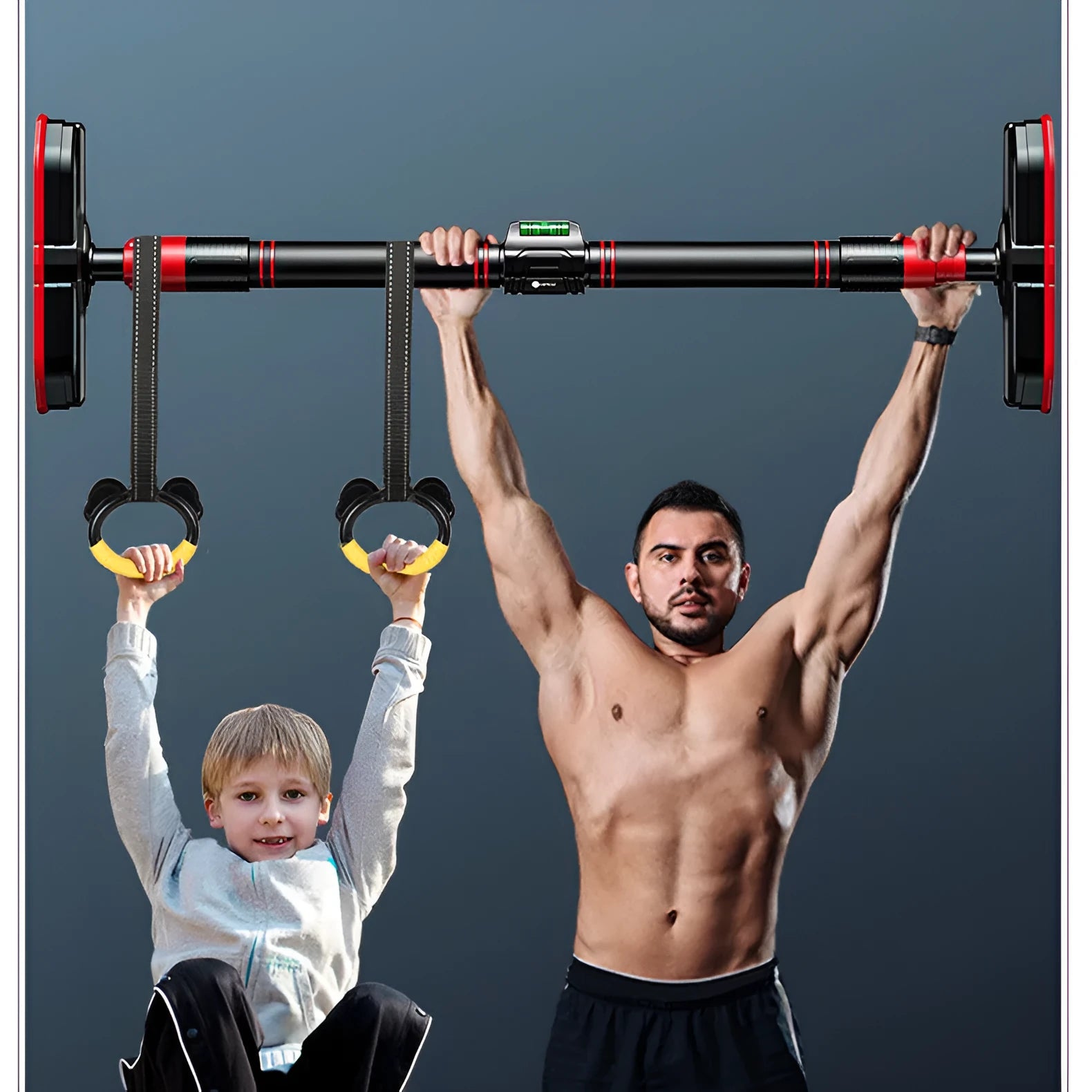 Black door frame pull-up bar with steel pipe and EVA PVC grip installed in a wooden door frame