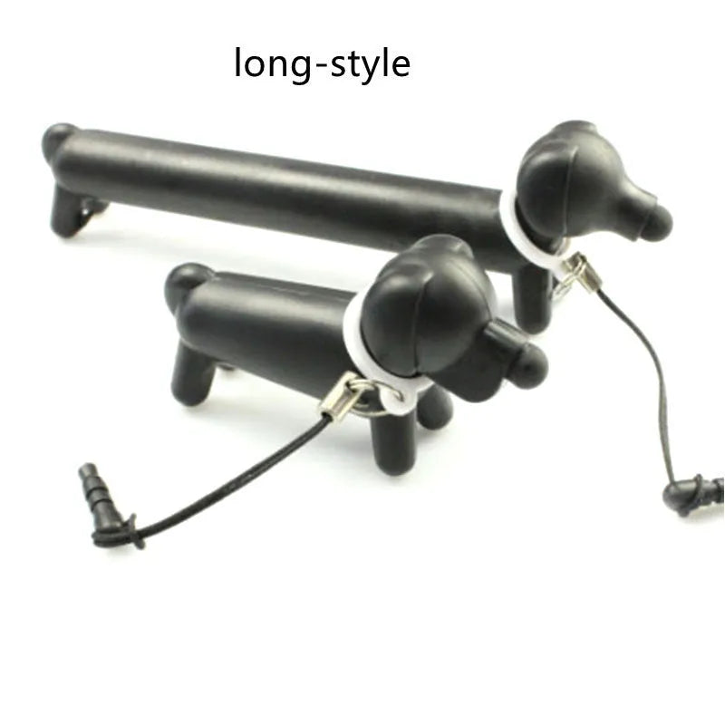 Black dog-shaped touch screen stylus showing length adjustment and phone holder function