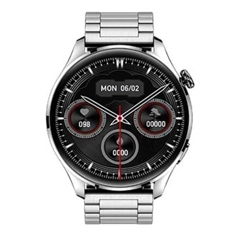 Smart watch with round colour screen and black silicone strap, showing Bluetooth calling interface.