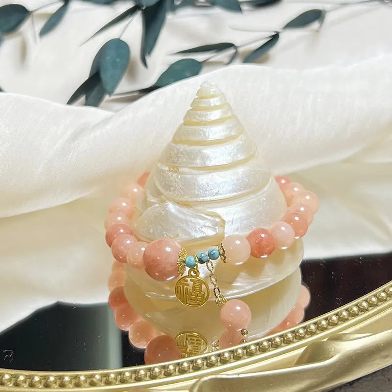 Fashion pink natural stone bracelet for women with alloy setting simple style on white background