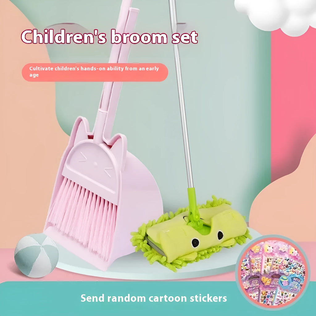 Purple, green, and beige plastic broom and dustpan set with rotating brush and storage holder