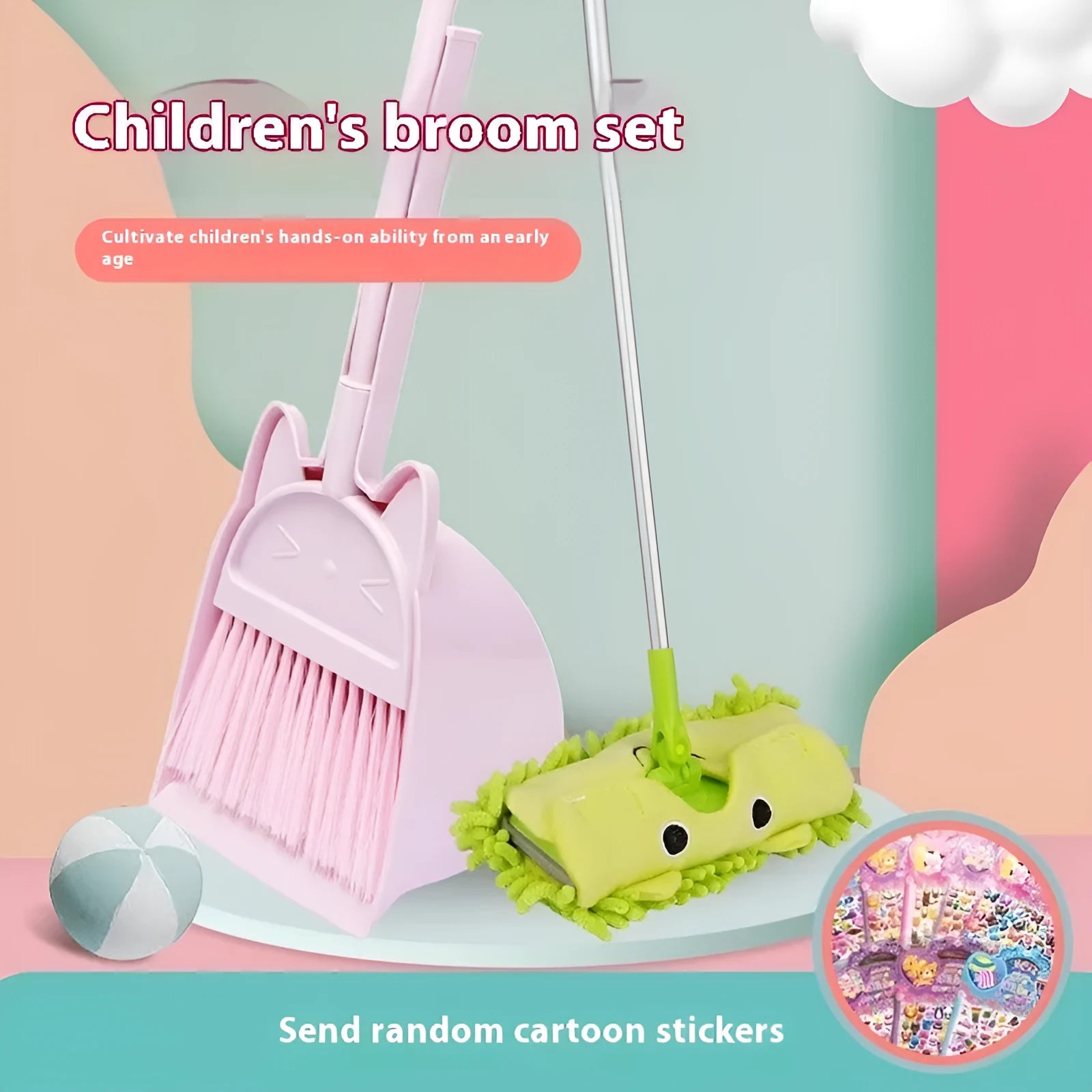 Purple, green, and beige plastic broom and dustpan set with rotating brush and storage holder