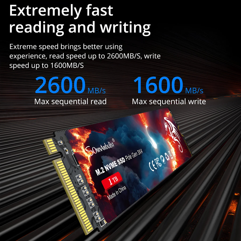 M2 solid state drive for desktop and notebook computers, showing label with capacity options and PCIe 3.0 interface.