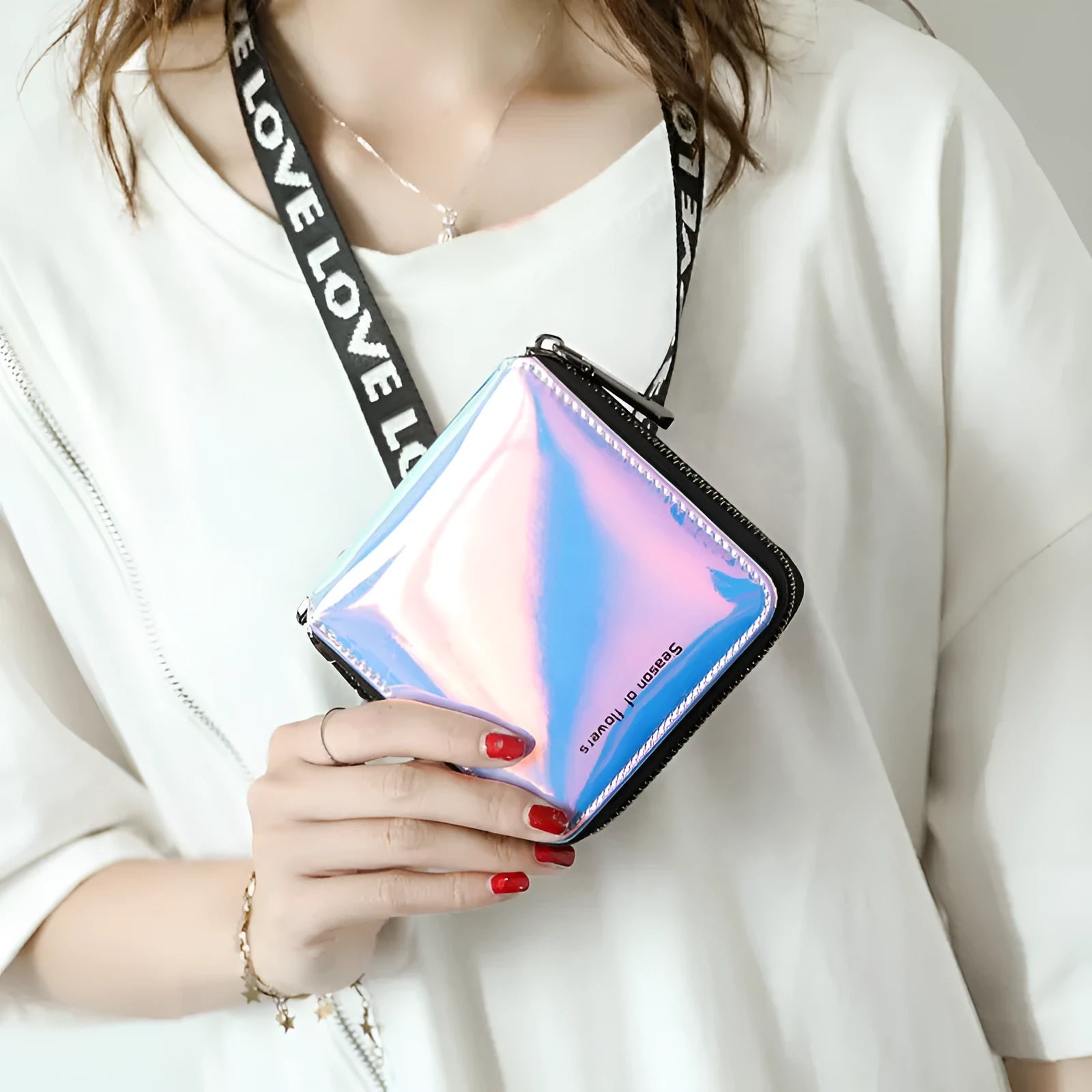 Short folding Korean style women's wallet in PU leather, shown in crystal blue colour