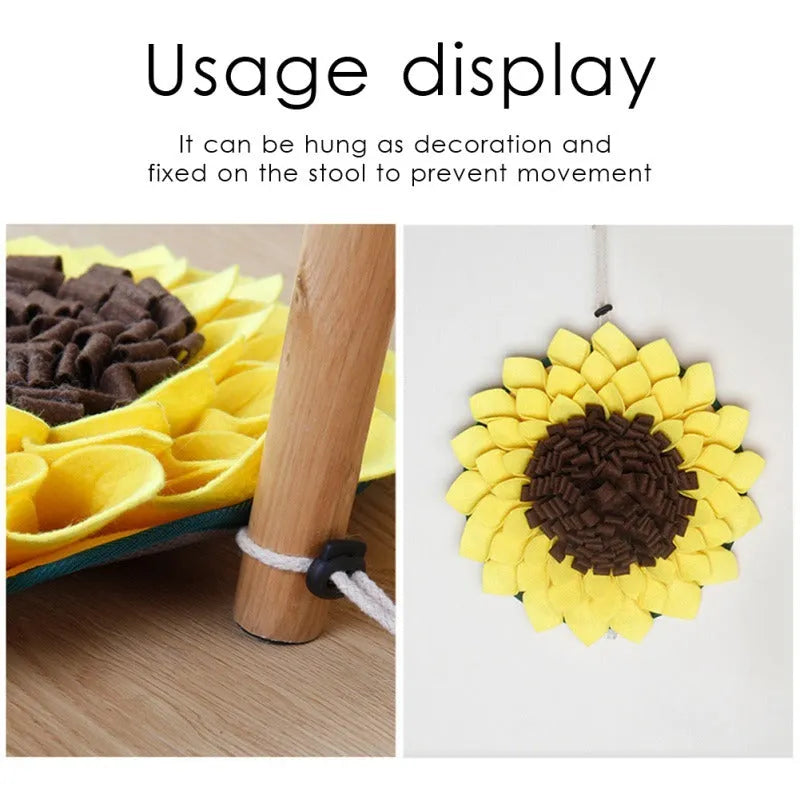 Yellow sunflower-shaped dog snuffle mat with fleece texture and a hanging rope buckle.