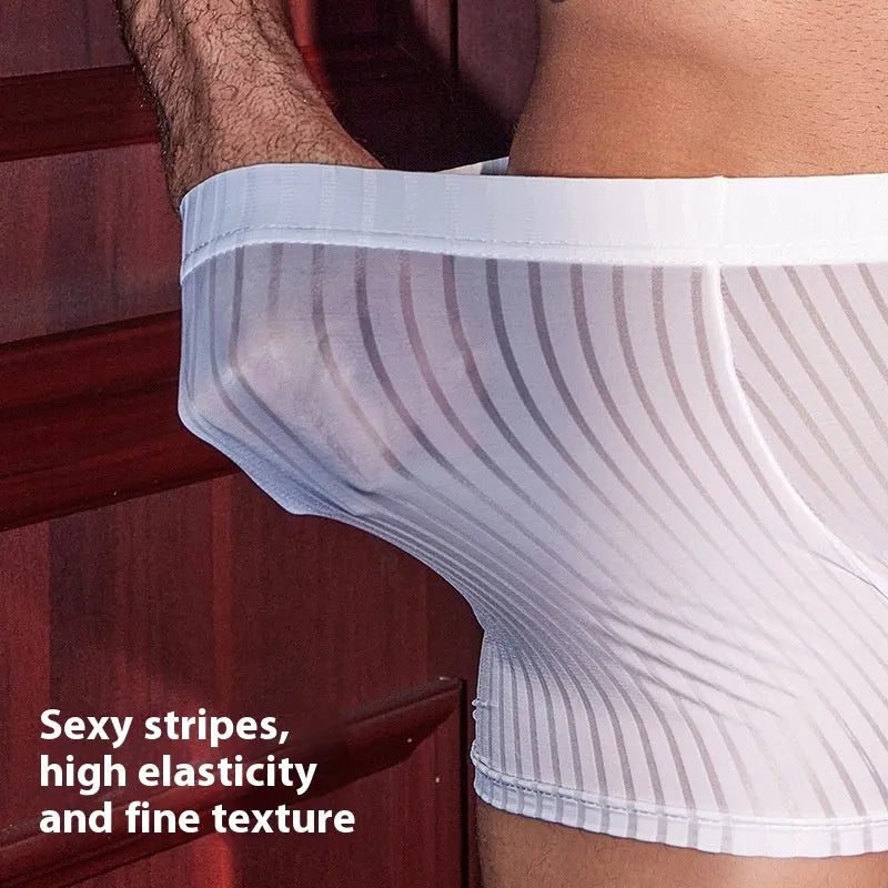 Men's striped boxer briefs in black, white and dark grey nylon with high elastic free size fit