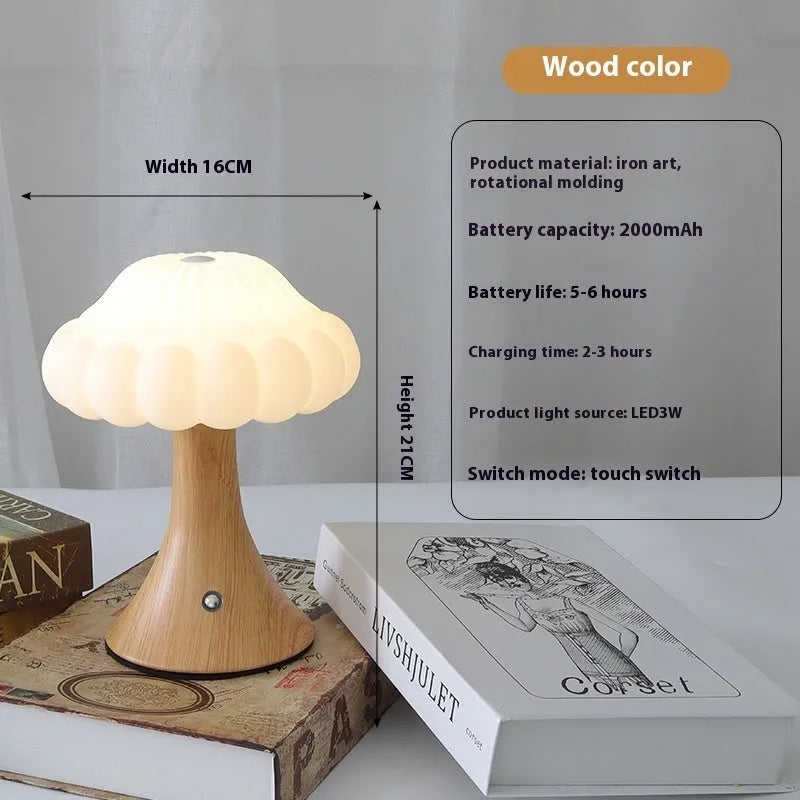 Mushroom-shaped touch control night light with USB charging port in five colour options