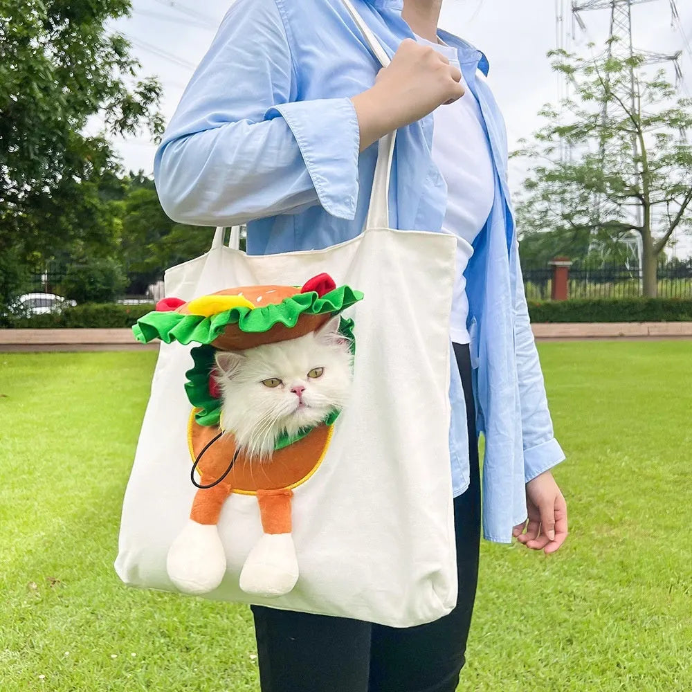 Canvas pet carrier backpack with cartoon design for cat and small dog transport