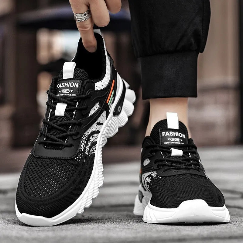 Men's white blue and black platform casual sneakers with mesh upper and cross shoulder straps