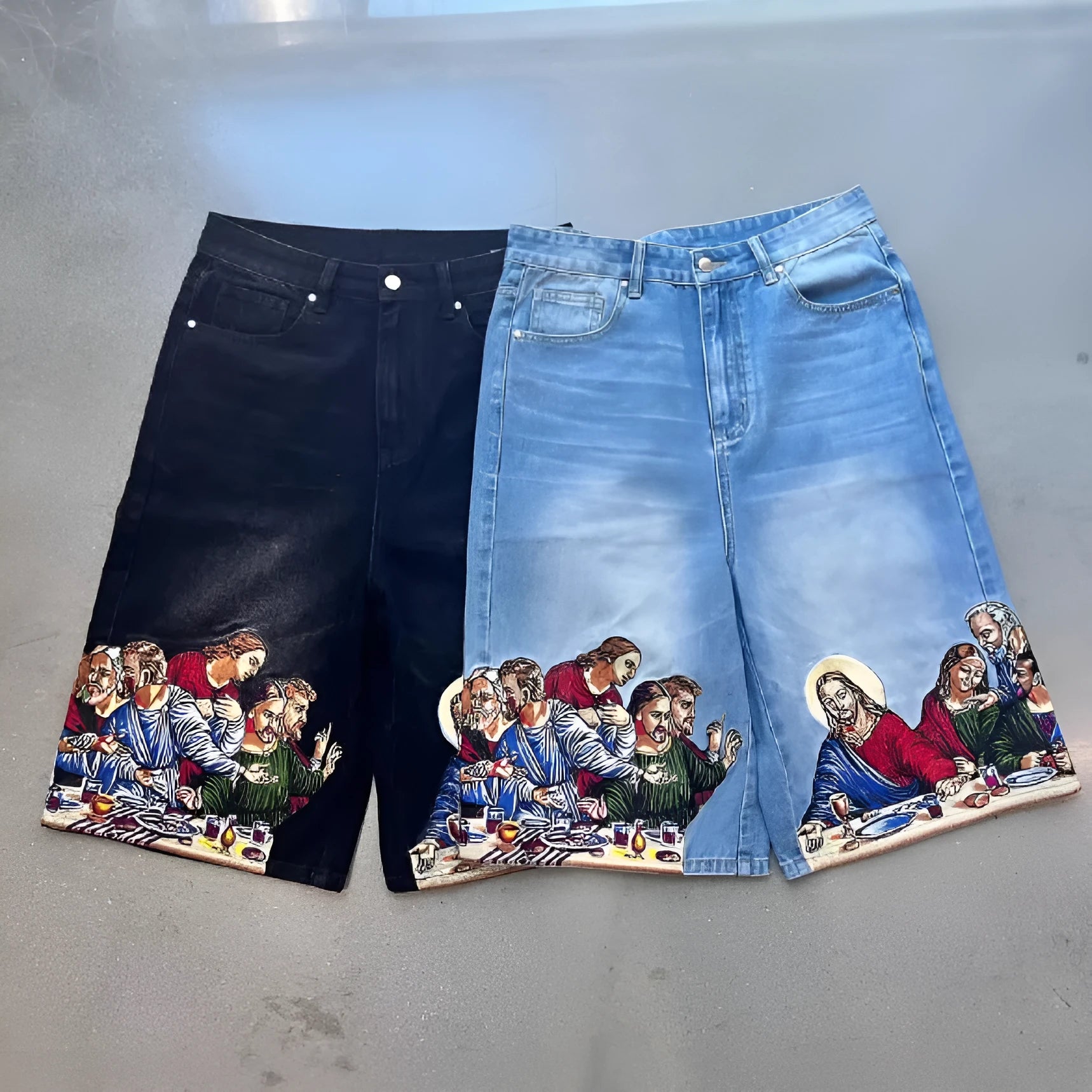 Blue cotton tapered men's shorts with a Jesus print on the back pocket.