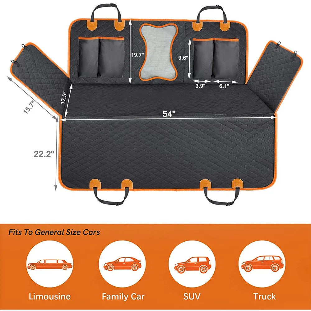 Black and orange edged waterproof dog car seat cover laid out, showing mesh window and storage pockets.