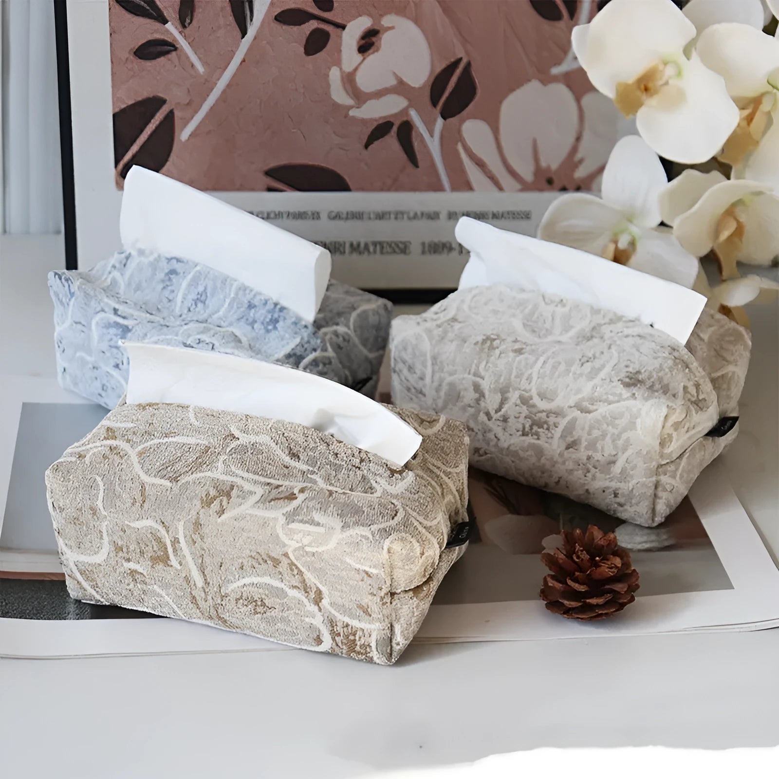 Chinese style pastoral cotton fabric tissue box in beige, blue or brown, 17x11x7cm.