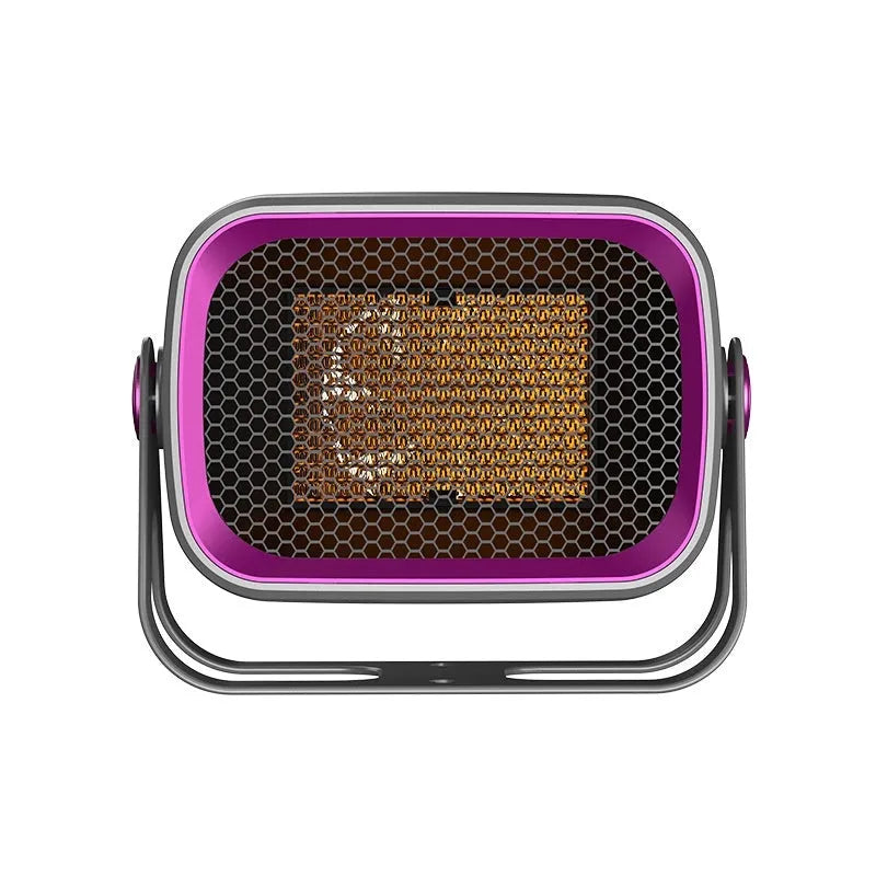 Compact white desktop ceramic heater with rotating base and control buttons on a wooden desk.