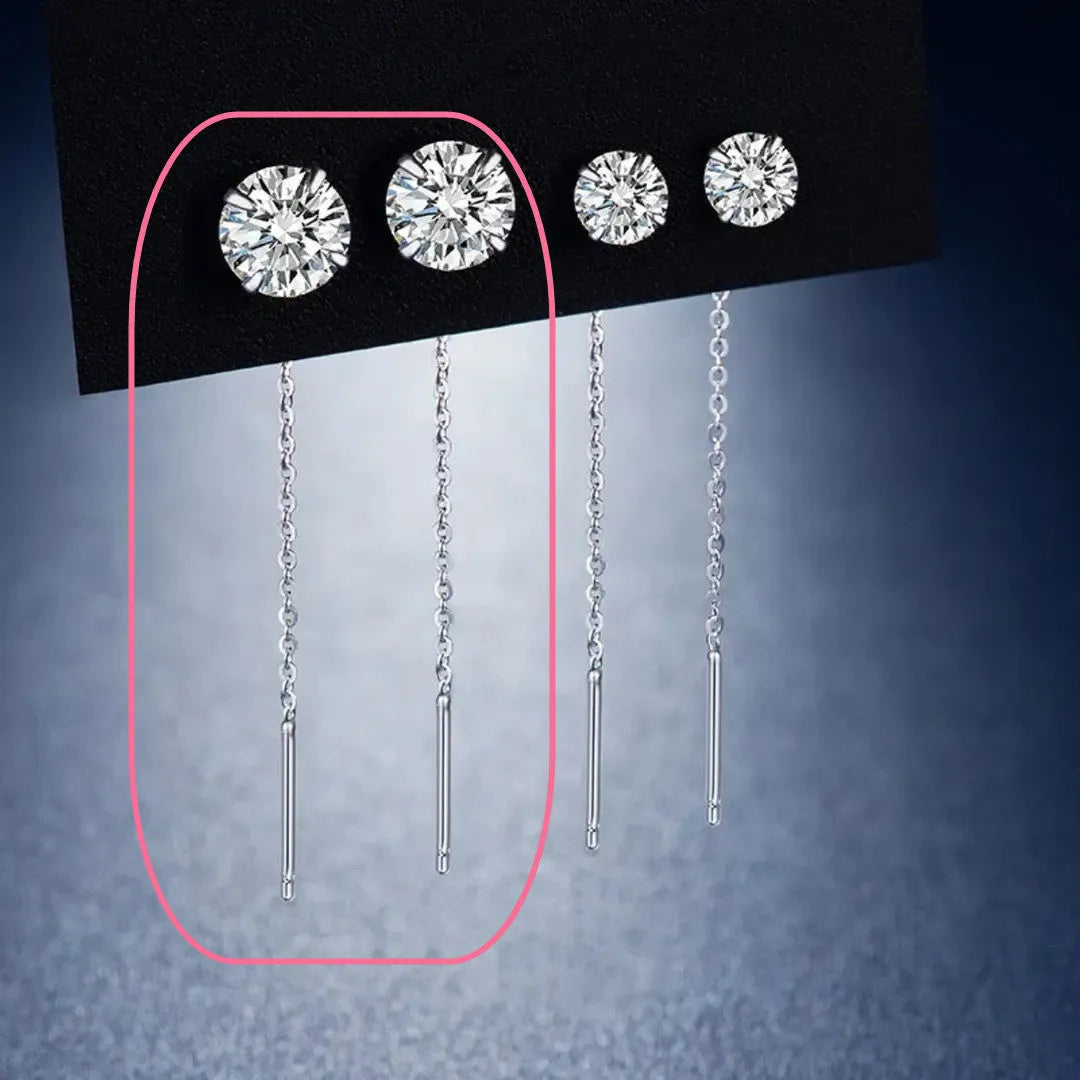 Long sterling silver needle ear string with a choice of geometric or pearl pendants for women.