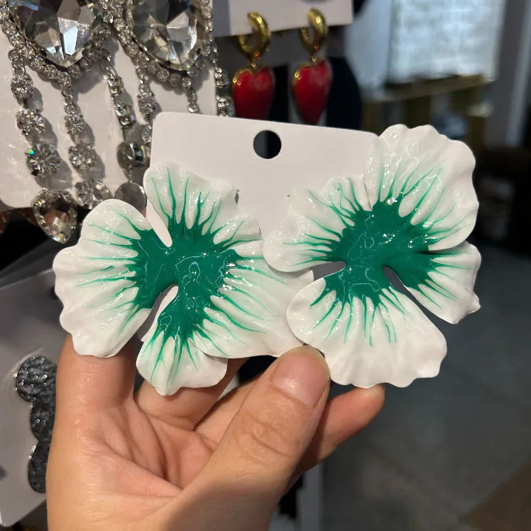 Pastoral style alloy flower stud earrings with oil-spot glaze finish in blue, green, purple and rose colour variations