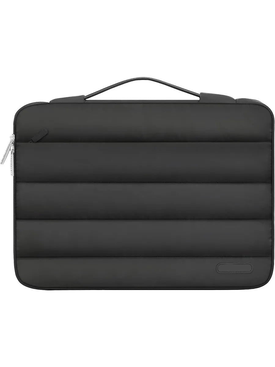 Cotton velvet laptop storage bag in black with plaid pattern, shown next to a laptop.