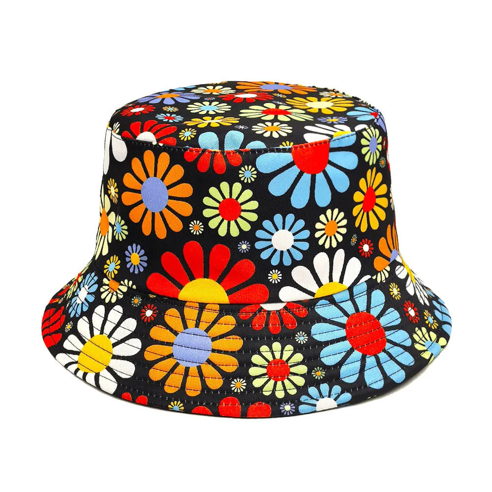 Colourful flower print polyester bucket hat with dome crown