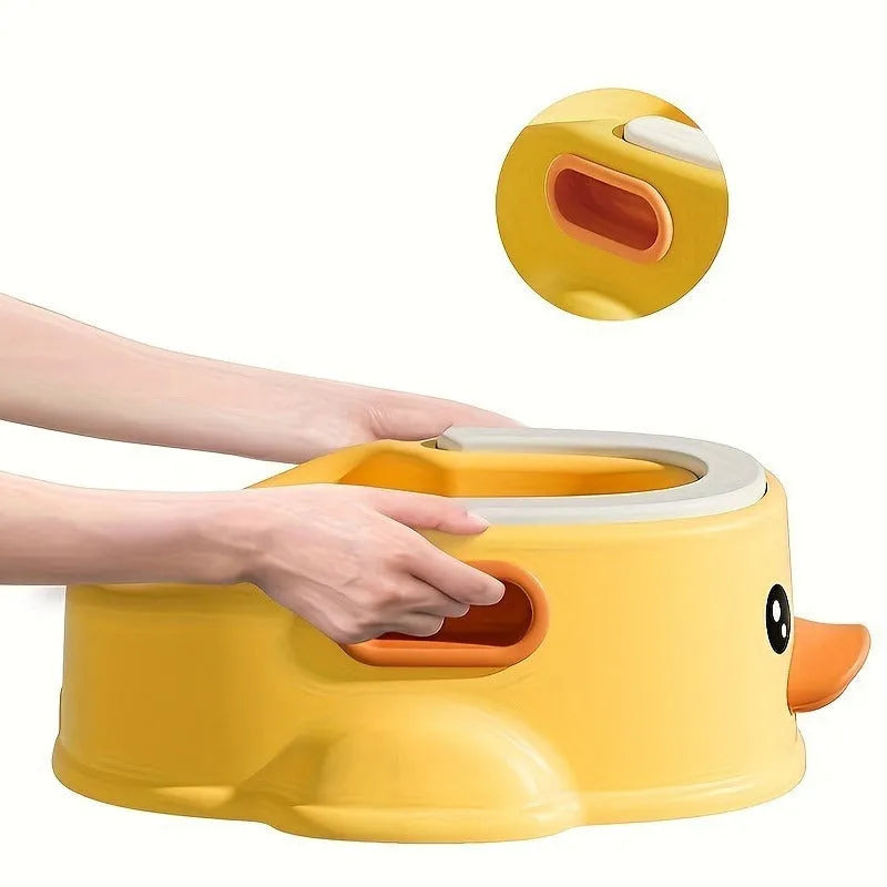 Blue PVC duck-shaped pet bath tub for washing dogs and cats on a bathroom floor.