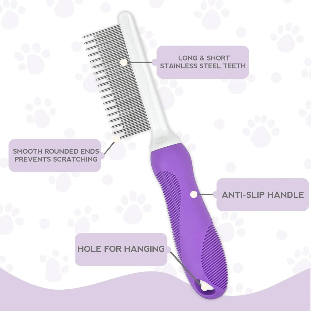 Purple handled pet comb with stainless steel teeth for detangling dog and cat fur.