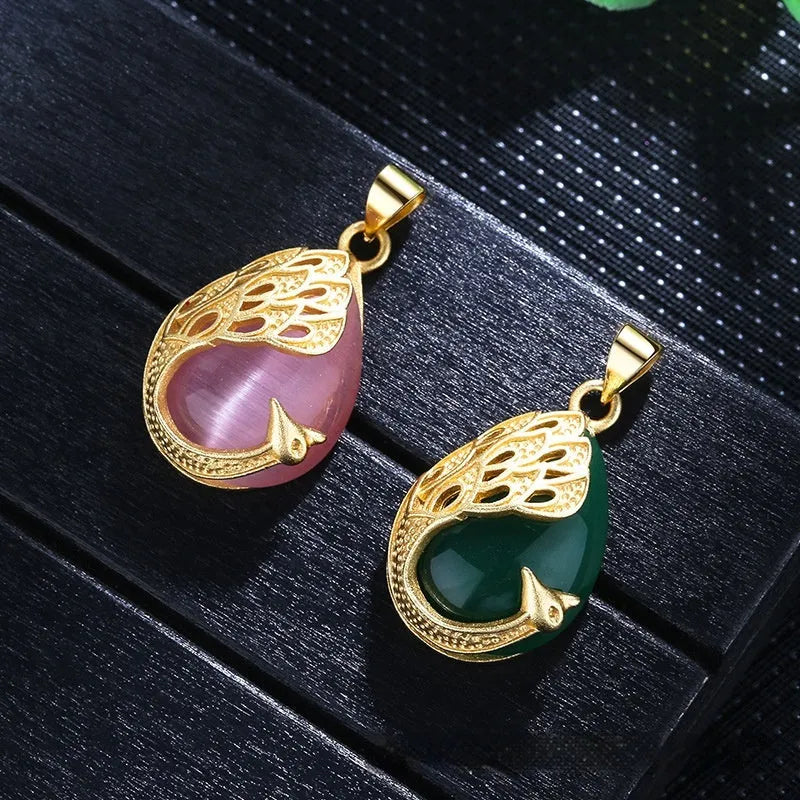 Green chalcedony imitation crystal peacock pendant on copper electroplated base with fu character element