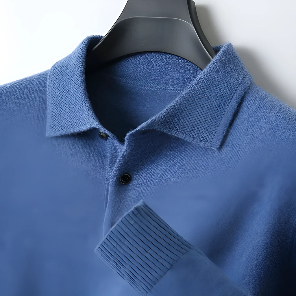 Men's grey wool sweater pullover with a polo collar and long sleeves laid flat.